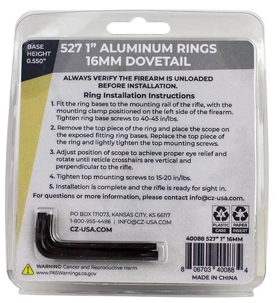 CZ 40088 ALUM SCOPE RINGS 1IN  CZ527 16MM DOVETAIL - Image 2